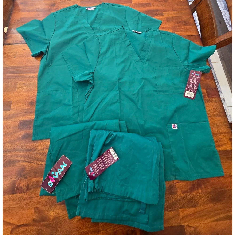 lot of 2 SIVVAN Unisex Medical Scrubs Set Twill Polyester Hunter Green L 074